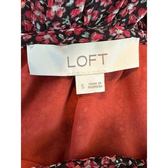 Loft red floral long sleeves ruffled lined sheer blouse size small - Picture 3 of 10